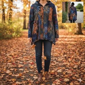 Kamana Boho Hooded Zip Jacket Burnout Tapestry Print Blue Orange L